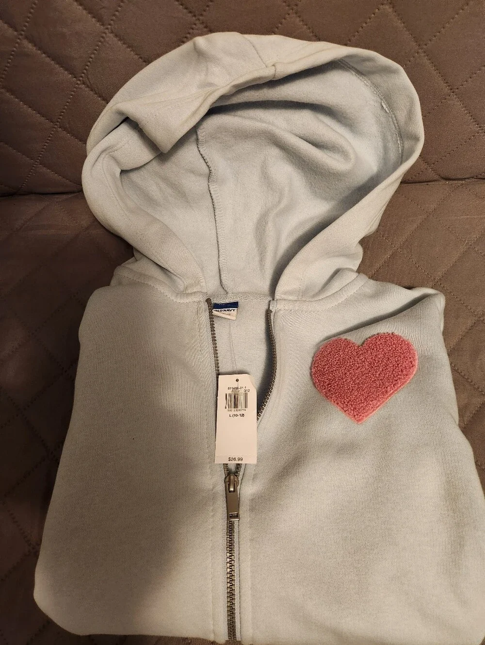 Old Navy Girls 10-12 Pink Heart Patch Blue Zippered Sweatshirt NWT